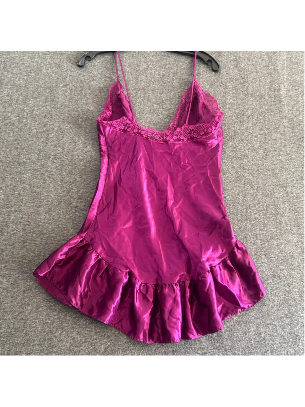 Feather Red Vintage Satin Slip Nightgown Magenta Lace Ruffle Hem Lingerie